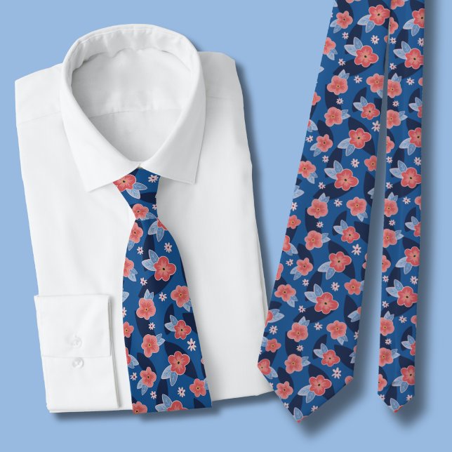 Cravate Motif floral pêche et bleu (Peach floral blue tie )