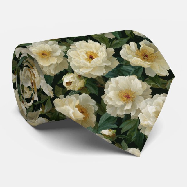 Cravate Motif floral Pivoine Blanc Crème (Roulé)