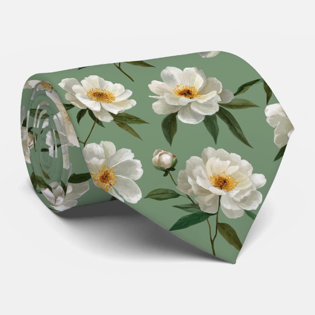Cravate Motif floral Pivoine blanche (Roulé)