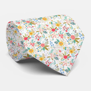 Cravate Motif floral printaniers multicolores sur fond bla