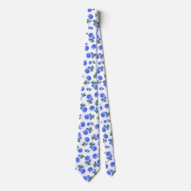 Cravate Motif floral Rose bleu foncé sur blanc (Devant)