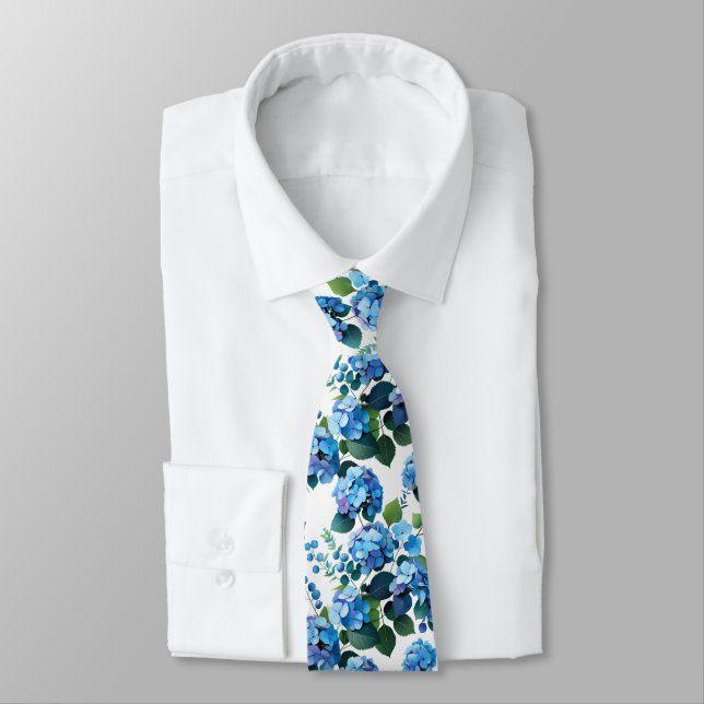 Cravate Motif floral sans couture Hydrangeas bleues & Euca (Attaché)