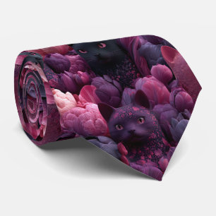 Cravate Motif floral surréaliste de chat noir et de pivoin
