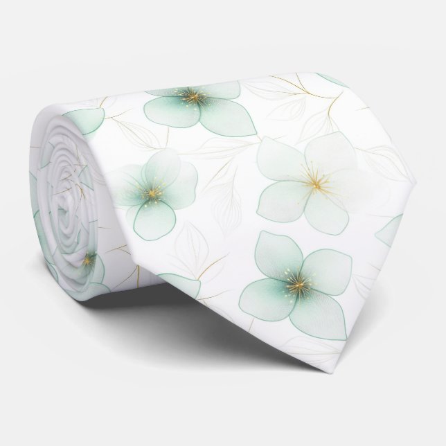 Cravate Motif floral vert menthe sur fond blanc (Roulé)