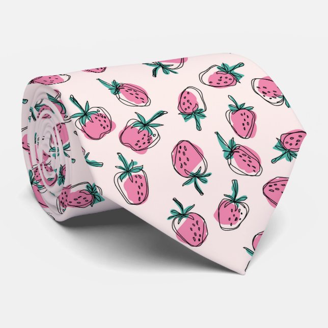 Cravate Motif fraise rose (Roulé)
