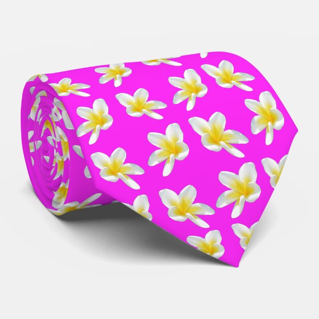 Cravate Motif Frangipani Rose Chaud Et Jaune, (Roulé)