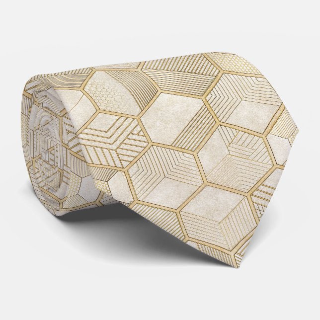 Cravate Motif Géométrique Hexagone Or Élégant - Marbre 3 (Roulé)