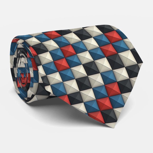 Cravate motif géométrique Pyramidal 3D - Rouge, Bleu et Cr (Roulé)