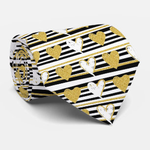 Cravate Motif Glam Cœur Doré Rayure Noire (1)