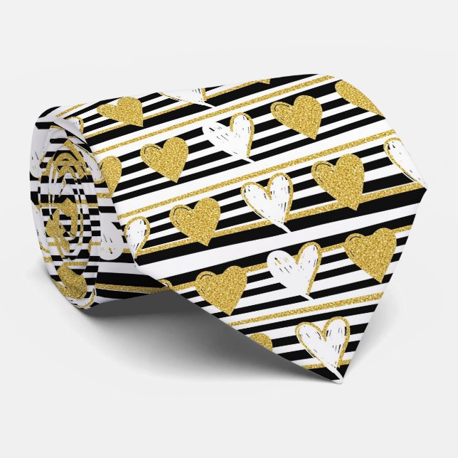 Cravate Motif Glam Cœur Doré Rayure Noire (1) (Roulé)