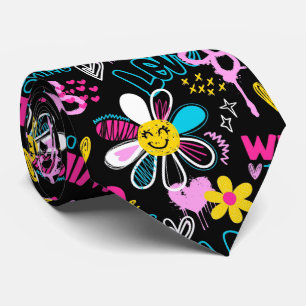 Cravate Motif graffiti fleur smiley mode