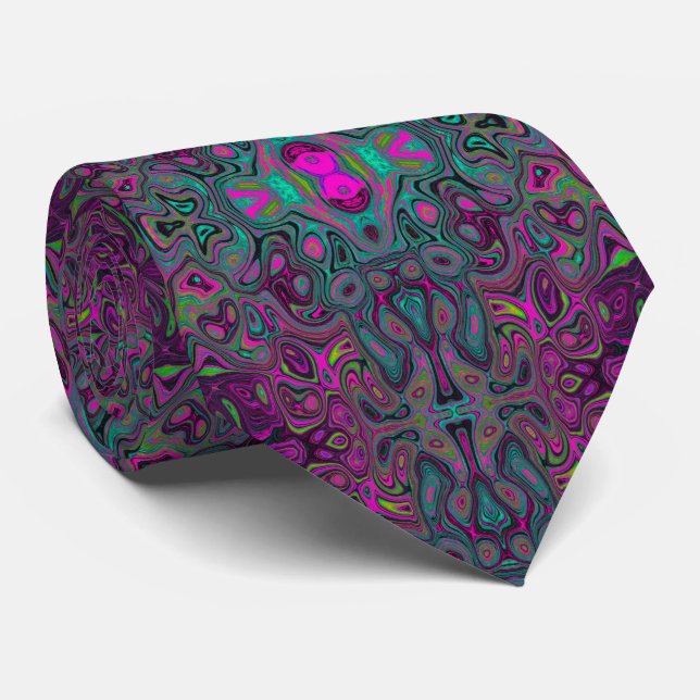 Cravate Motif Groovy Abstrait Magenta et Bleu Sarcelle (Roulé)