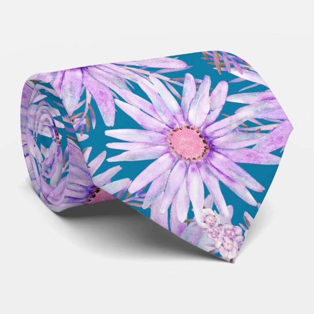 Cravate Motif Groovy Rétro Marguerite Violette (Roulé)