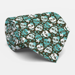 Cravate Motif Halloween Crânes Fleurs Turquoise