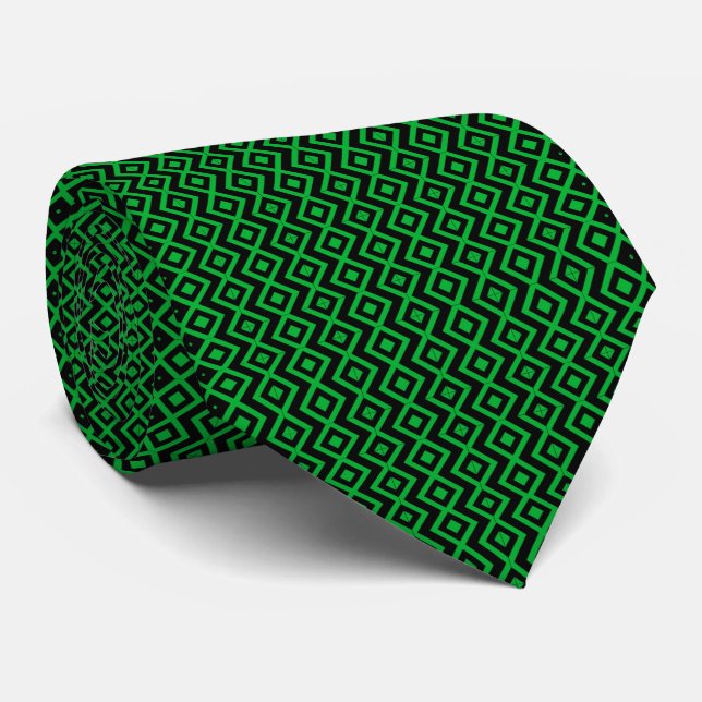 Cravate Motif Harlequin en Diamant Noir et Vert (Roulé)