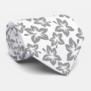 Cravate Motif Hawaïen Hibiscus Gris