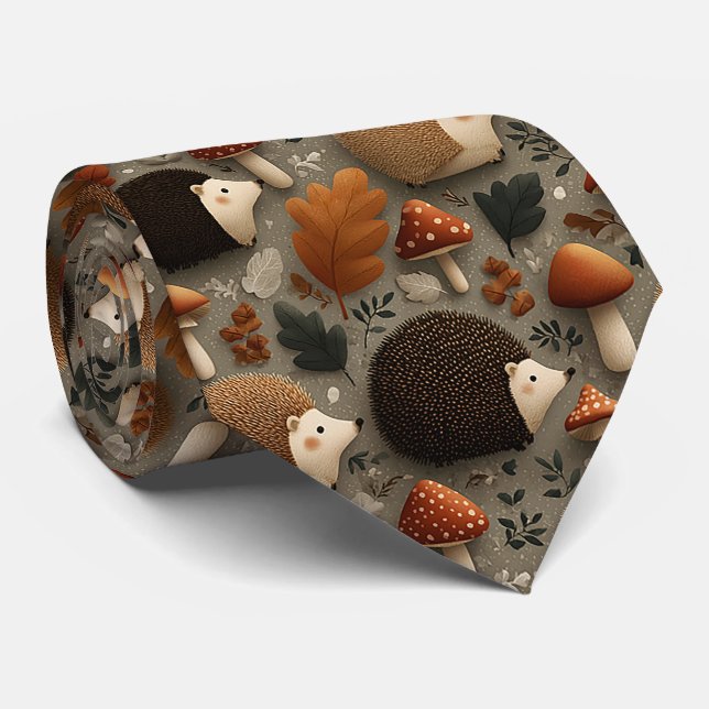 Cravate Motif Hérisson & Champignon Automnal Fantaisiste (Roulé)