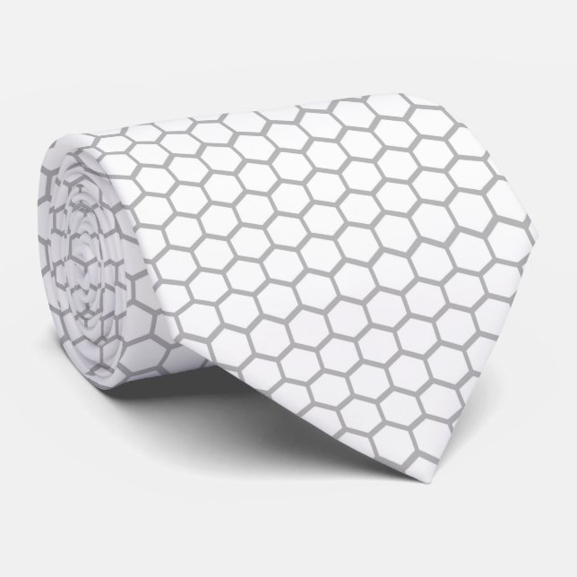 Cravate Motif Hexagonal Blanc Argent (Roulé)