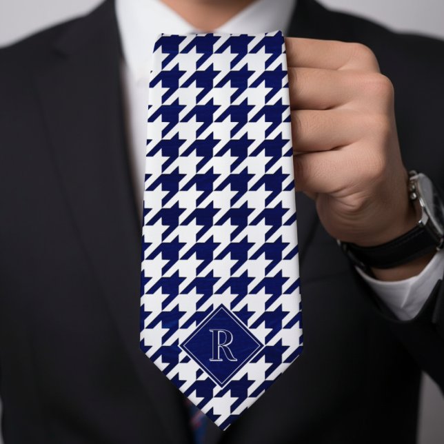 Cravate Motif Houndstooth Monogrammé Blanc & Bois Bleu (Monogram Houndstooth Pattern White & Blue Wood Neck Tie
)