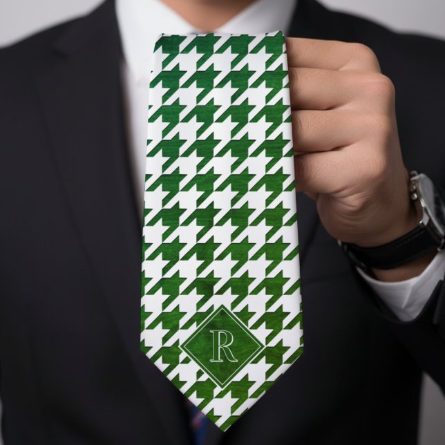 Cravate Motif Houndstooth Monogrammé Blanc & Bois Vert (Monogram Houndstooth Pattern White & Green Wood Neck Tie
)