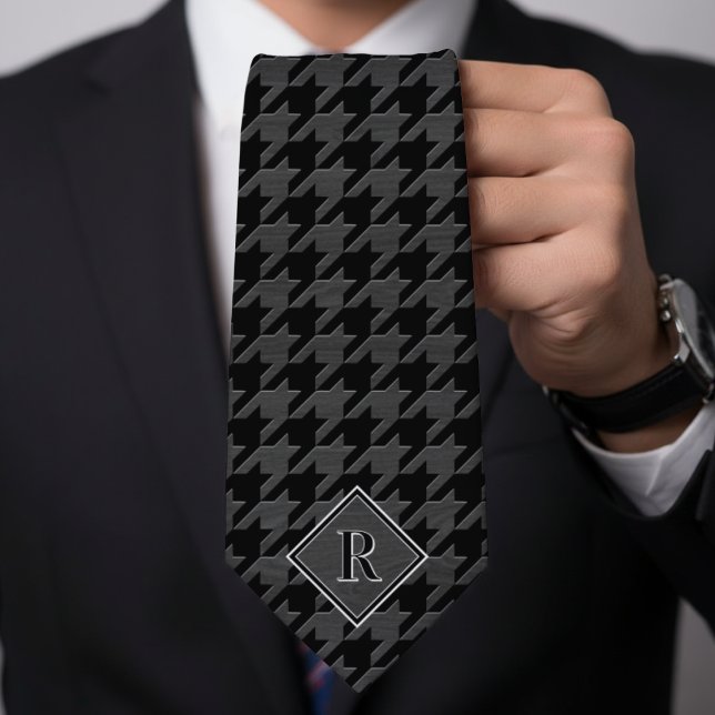 Cravate Motif Houndstooth Monogrammé Bois Noir & Gris (Monogram Houndstooth Pattern Black & Grey Wood Neck Tie
)