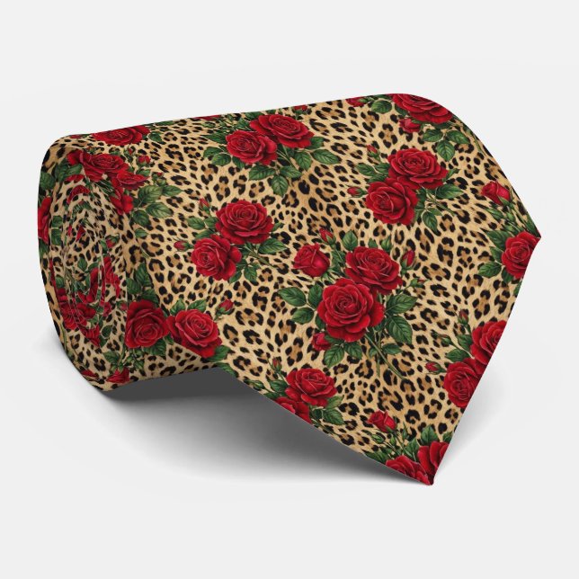 Cravate Motif imprimé léopard Roses rouges  (Roulé)