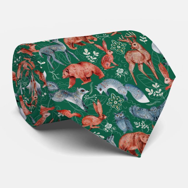 Cravate Motif intrigué d'animaux de la forêt (Roulé)