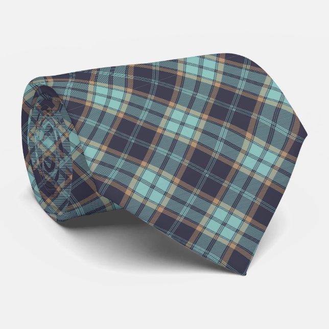 Cravate Motif Jacquard rustique Brown bleu Tartan Plaid (Roulé)