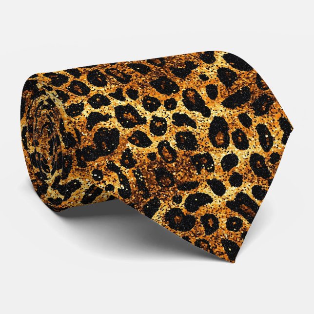 Cravate Motif Léopard Marron Doré Pailleté Luxe (Roulé)