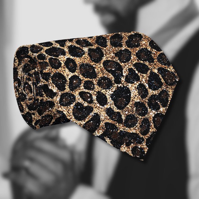 Cravate Motif Léopard Noir Marron Or Pailleté Luxe (Créateur téléchargé)