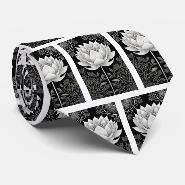 Cravate Motif Lotus noir et blanc (Roulé)