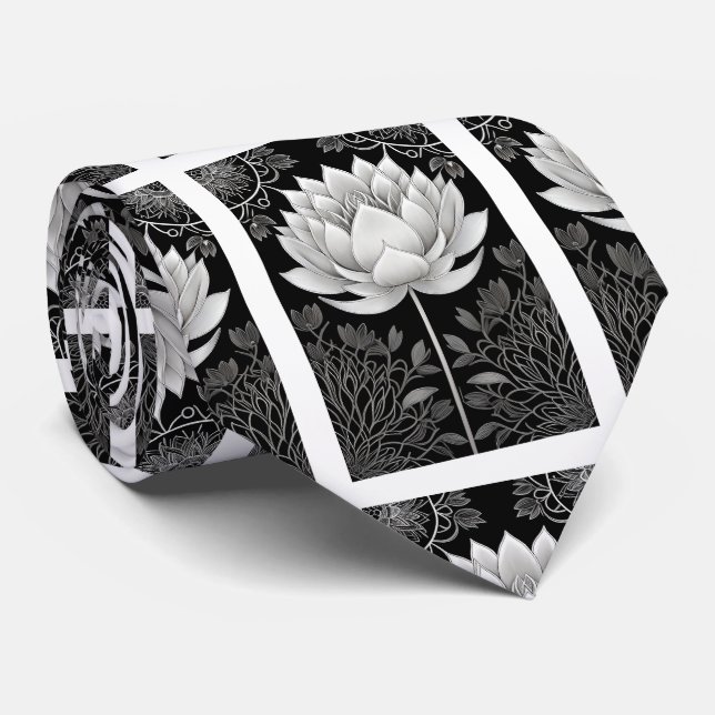 Cravate Motif Lotus noir et blanc (Roulé)