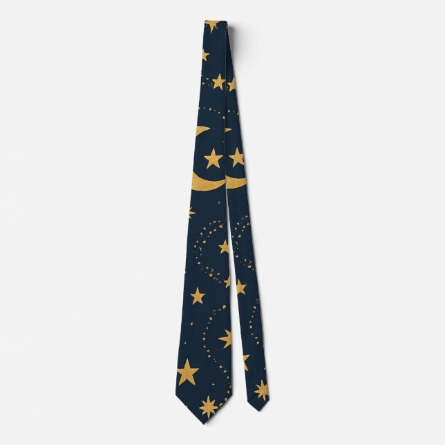 Cravate Motif Lune & Étoiles Célestes – Minuit (Devant)
