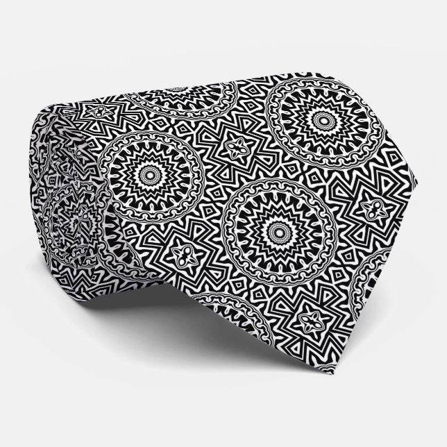 Cravate Motif Mandala Noir Blanc Moderne (Roulé)