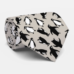 Cravate Motif mignon de manchot noir et blanc sur fond gri