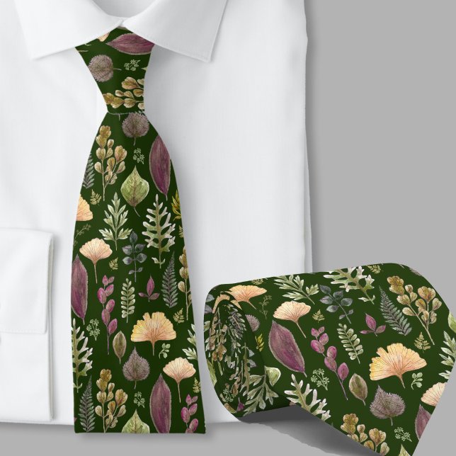 Cravate Motif moderne de feuilles d'automne vert forêt (Créateur téléchargé)