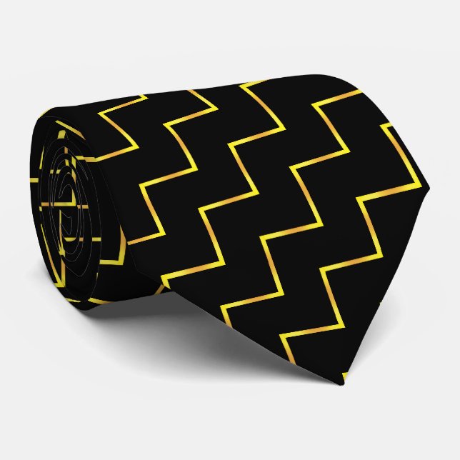 Cravate Motif moderne Elegant Gold Chevron sur noir (Roulé)