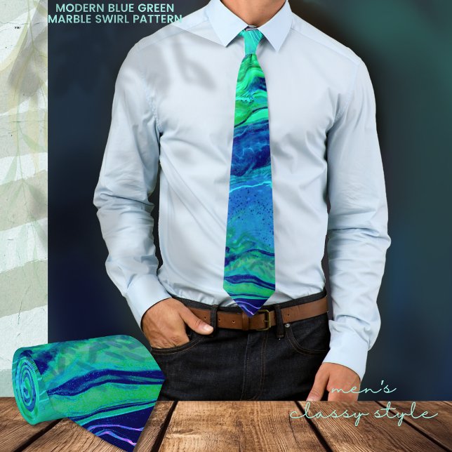 Cravate Motif moderne Ombre bleu vert (Modern Blue Green Marble Swirl Pattern Neck Tie)