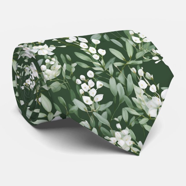 Cravate Motif moderne vert Eucalyptus blanc Fleur (Roulé)