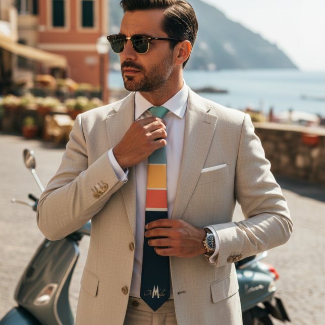 Cravate Motif monogramme rayures rose marine rétro des ann (Créateur téléchargé)