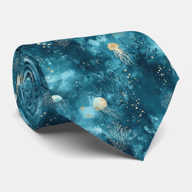 Cravate Motif Océan Corail Méduse Bleu Luxe (Roulé)