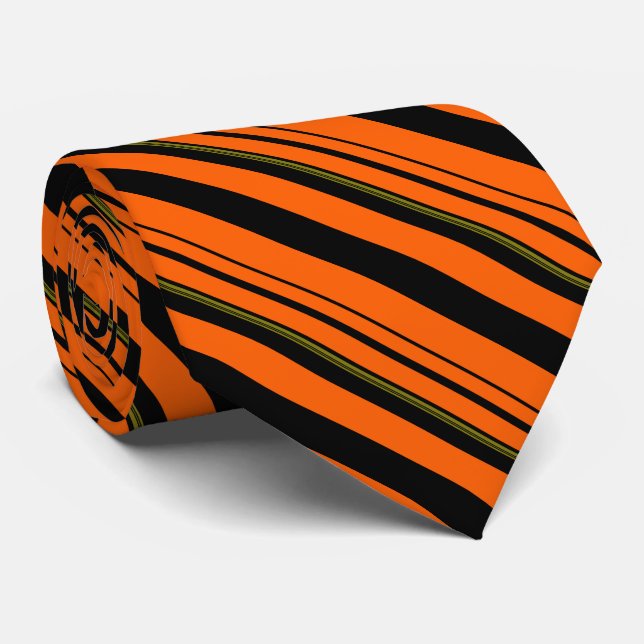 Cravate Motif orange noir vert rayé (Roulé)