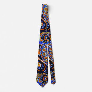 Cravate Motif Paisley Bohème Navy et Orange Vibrant