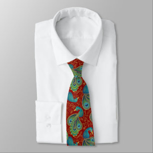 Cravate Motif Paisley Paon Rouge