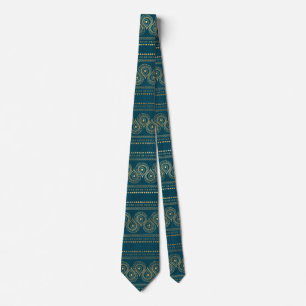Cravate Motif Paon Teal Bohème et Feuille d'Or