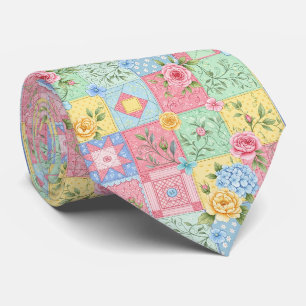 Cravate Motif Patchwork de Rose Romantique