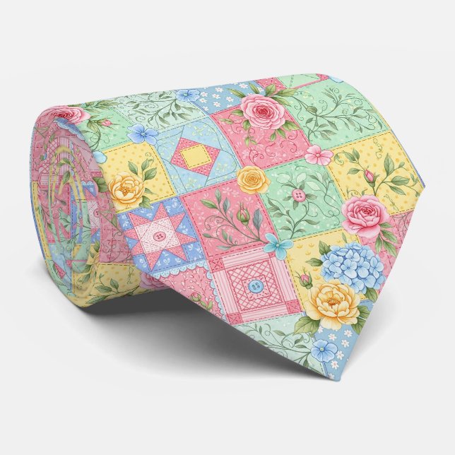 Cravate Motif Patchwork de Rose Romantique (Roulé)
