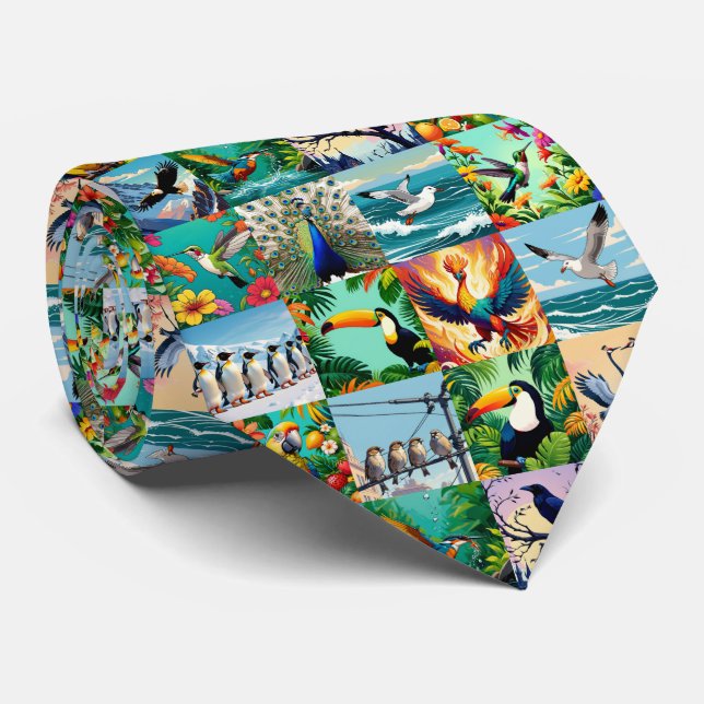 Cravate Motif patchwork d'oiseaux  (Roulé)