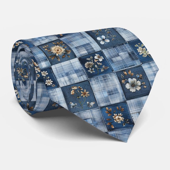 Cravate Motif patchwork floral | Denim bohème (Roulé)