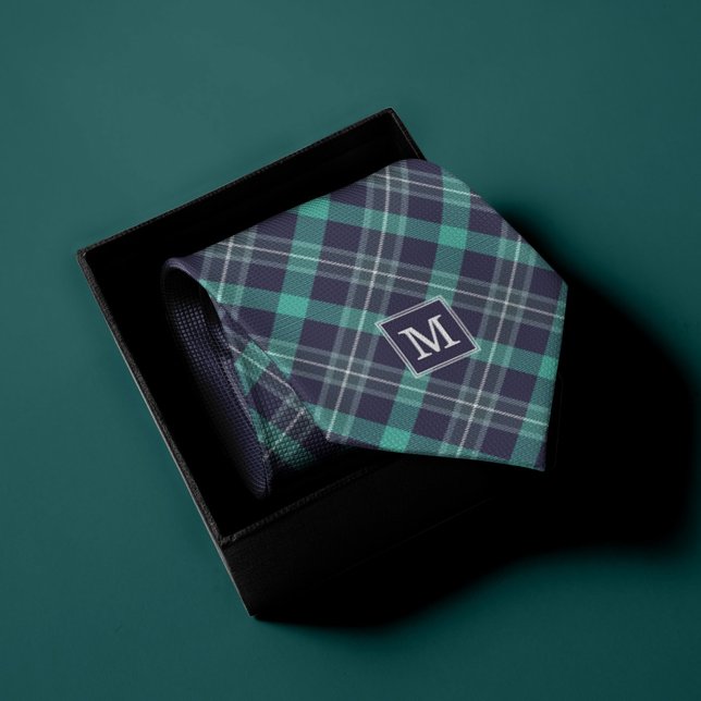 Cravate Motif Plaid bleu et vert Monogramme (Créateur téléchargé)